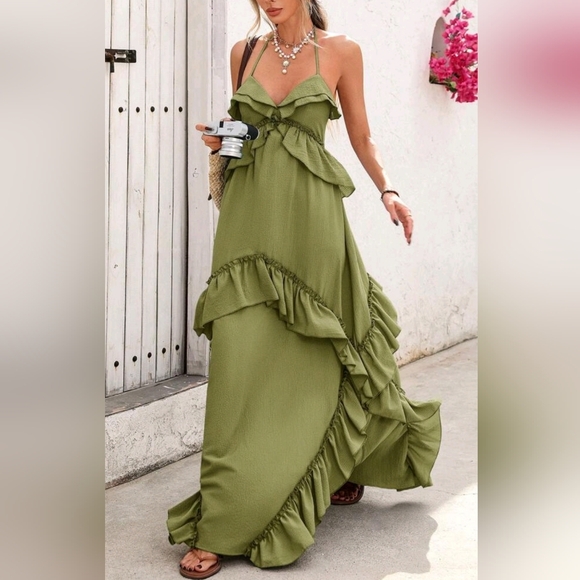 New Strappy Tie Tiered Ruffle Cami Maxi Dress Green - Picture 2 of 10